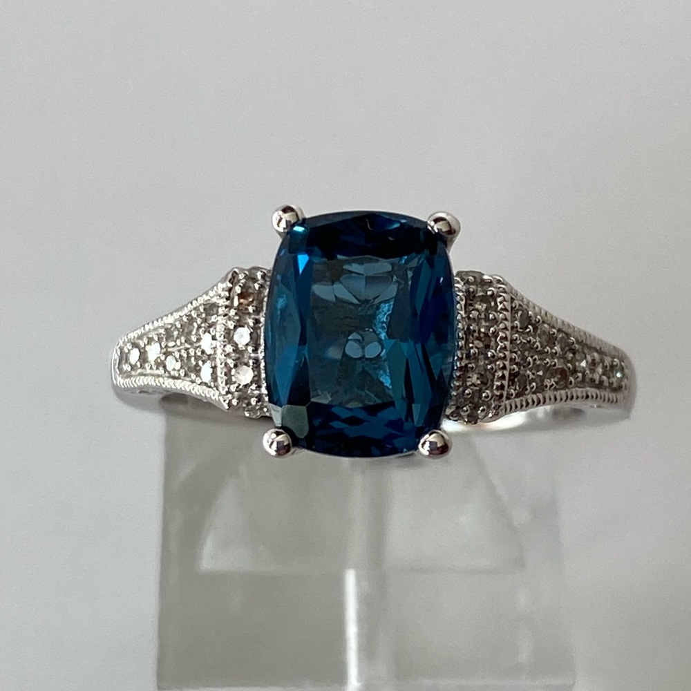 10K White Gold Emerald Cut London Blue Topaz and Diamond Ring New